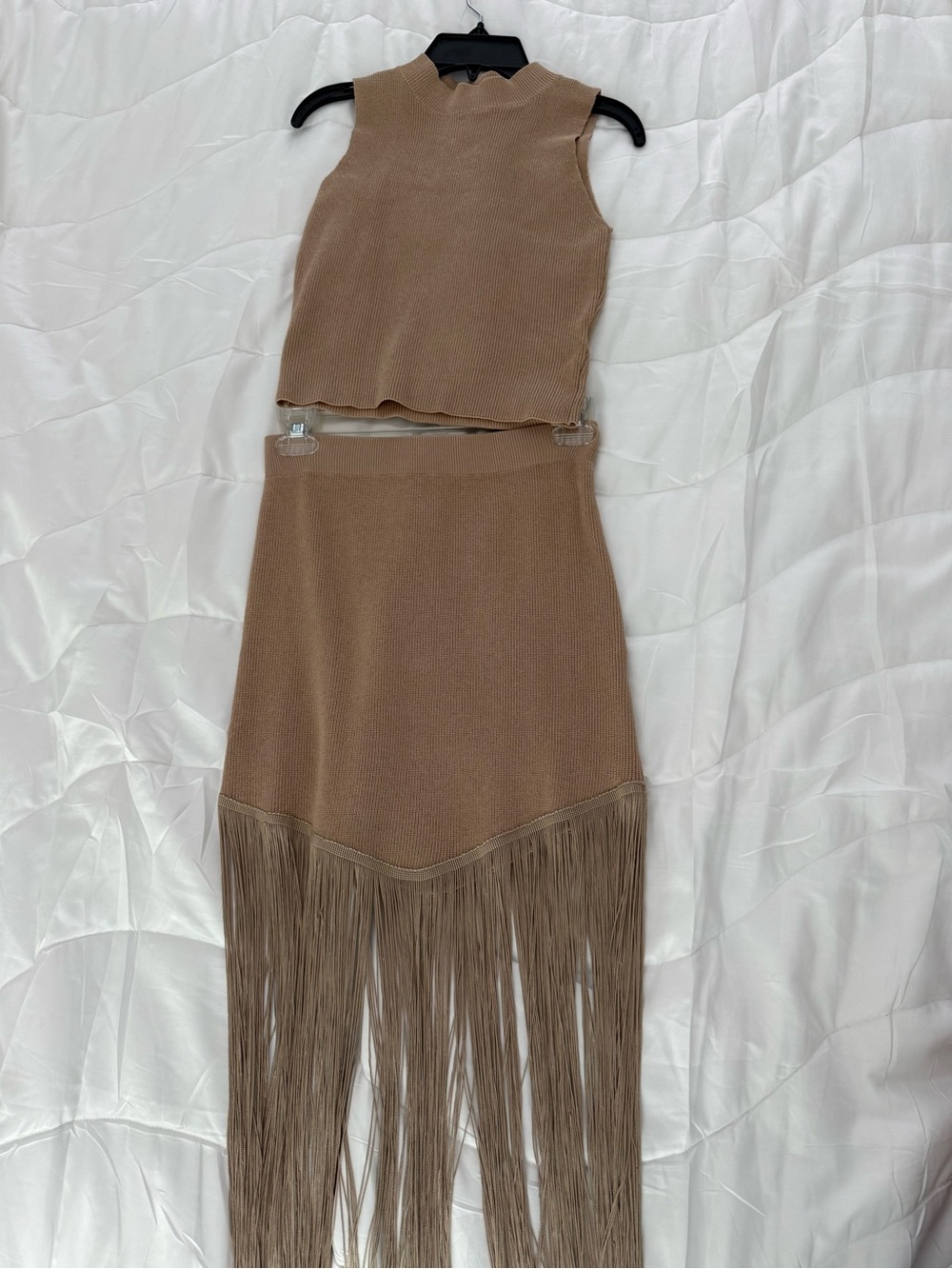NWT Fringe-Trim Knit Skirt set in Taupe